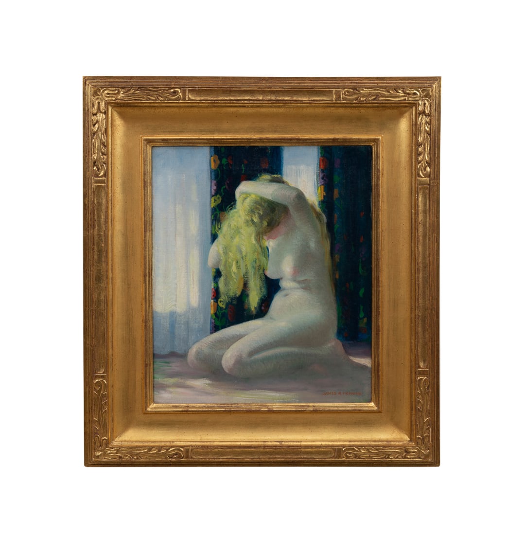 James Roy Hopkins, "Golden Tresses" - 20th: James Roy Hopkins American, 1877-1969 "Golden Tresses" - 20th century Oil on canvas Depicting a nude kneeling blonde woman fixing her long blonde hair, signed "James R. Hopkins" to LR, titled to stret