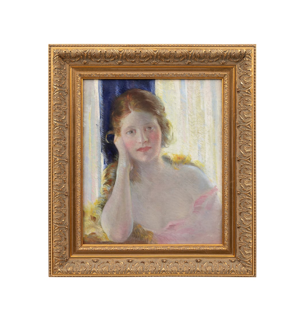 James Roy Hopkins, "Woman in Pink" - 20th: James Roy Hopkins American, 1877-1969 "Woman in Pink" - 20th century Oil on canvas Apparently unsigned, tag for Cincinnati Art Galleries, Cincinnati, OH to affixed to verso. Framed. Canvas: 18 x 15 1/