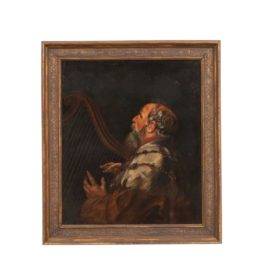 American school, 19th century, "David", O/C: "David" Oil on canvas American school, 19th century. Depicting the biblical figure of David playing a harp, apparently unsigned, inscribed to verso "Property of Lucy Nelon [sic] Whitfield / New York C