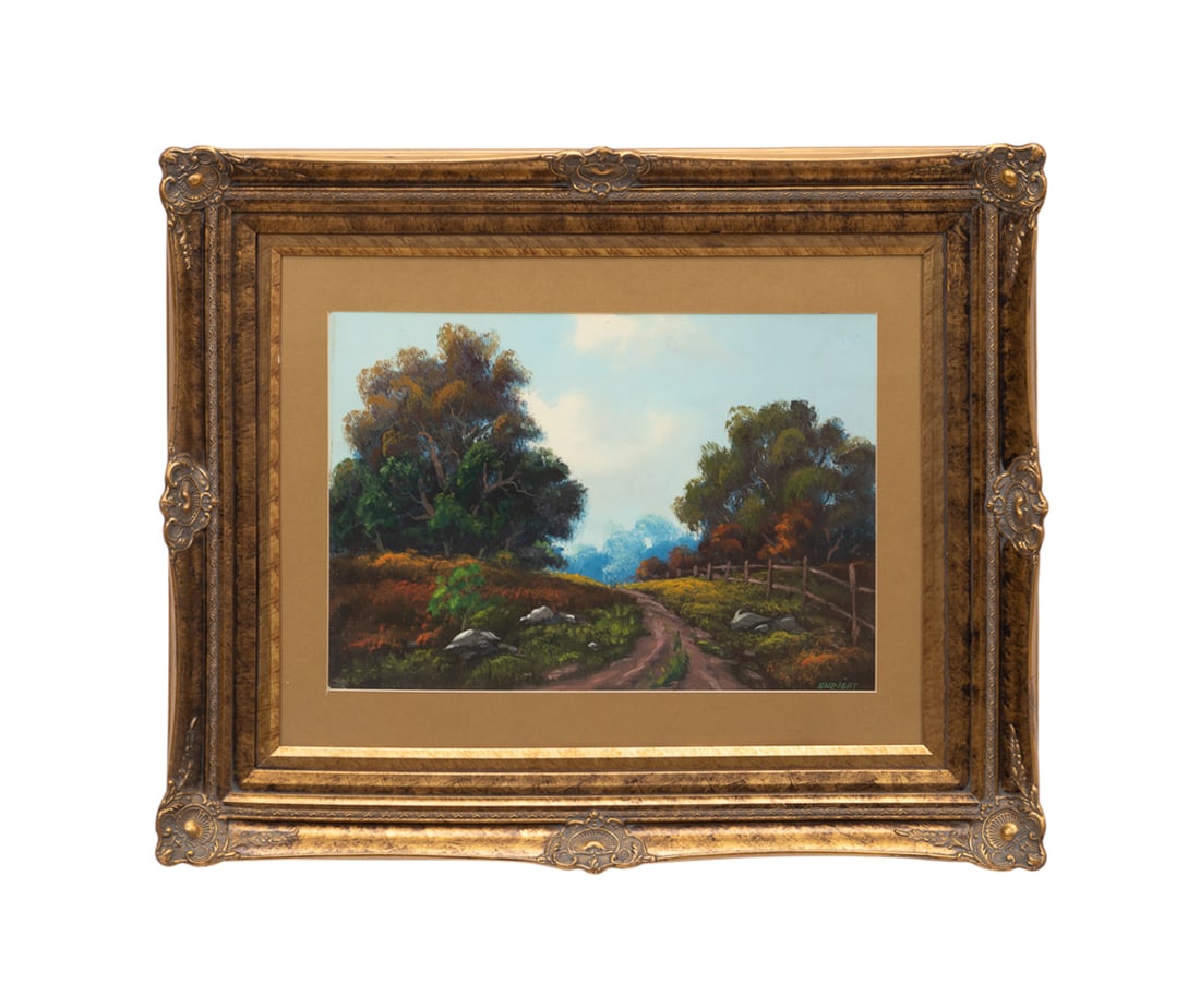 Roland D. Enright, Untitled - Landscape, O/B: Roland D. Enright American, 1921-1983 Untitled - Landscape with path - 20th century Oil on board Signed "Enright" to LR. Framed. Sight: 16 5/8 x 23 5/8 in. (42.2 x 60 cm.), Frame: 31 x 37 x 2 1/2 in. 
