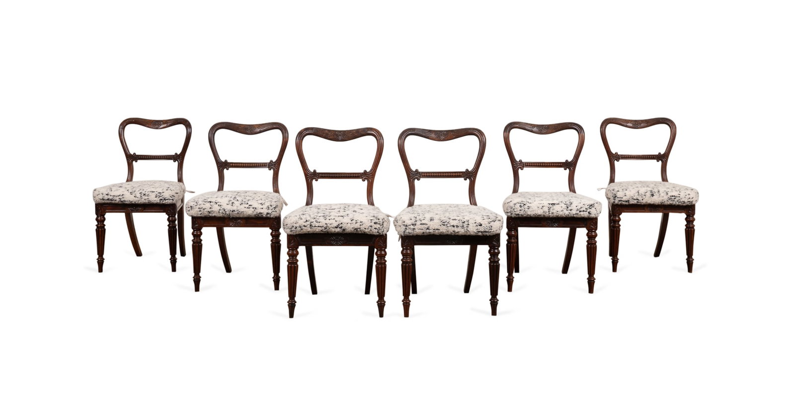 6 Victorian Balloon Back Rosewood Dining Chairs: Set of 6 Victorian Balloon Back Rosewood Dining Chairs Late 19th century, Anglo-Indian having rosette carved top rail, woven cane seat, and turned legs, accompanied by Holland and Sherry custom boucle