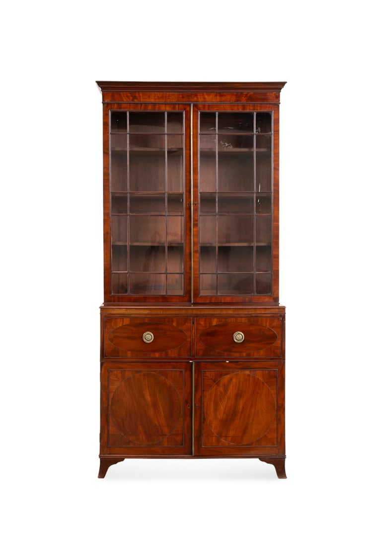 Georgian/Regency Mahogany Secretary Bookcase: Georgian/Regency Mahogany Secretary Bookcase 19th Century, English with astral glazed doors, over a fitted drop front desk, and fitted six-drawer cabinet, apparently unmarked. 96 3/4 x 47 3/8 x 22 in.