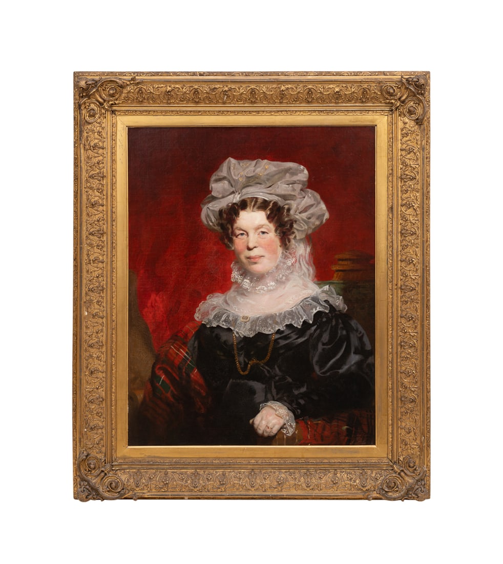 American school, 19th century, Portrait: Portrait of a Woman in a Bonnet Oil on canvas American school, 19th century. Apparently unsigned. Framed. Canvas: 36 x 28 1/4 in. (91.4 x 71.8 cm.), Frame: 47 1/8 x 39 1/8 x 2 1/2 in. (119.7 x 99.4 x 
