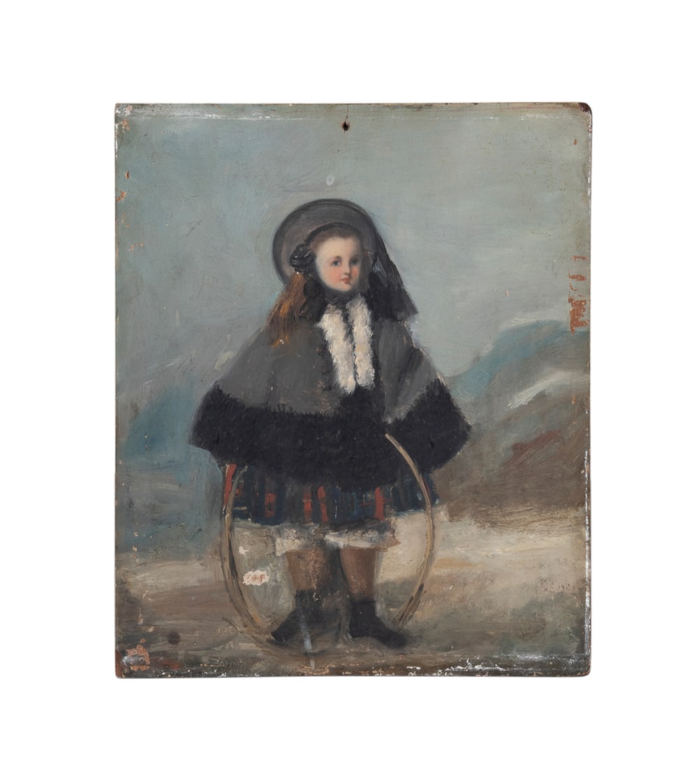 British school, 19th C., Girl in Winter Cloak, Oil: Untitled (Girl in Winter Cloak with Hoop) Oil on board British school, 19th century. Apparently unsigned. Framed. Board: 11 3/4 x 9 5/8 in. (29.8 x 24.4 cm.), Frame: 15 1/2 x 13 3/8 x 1 3/8 in. (39.4 