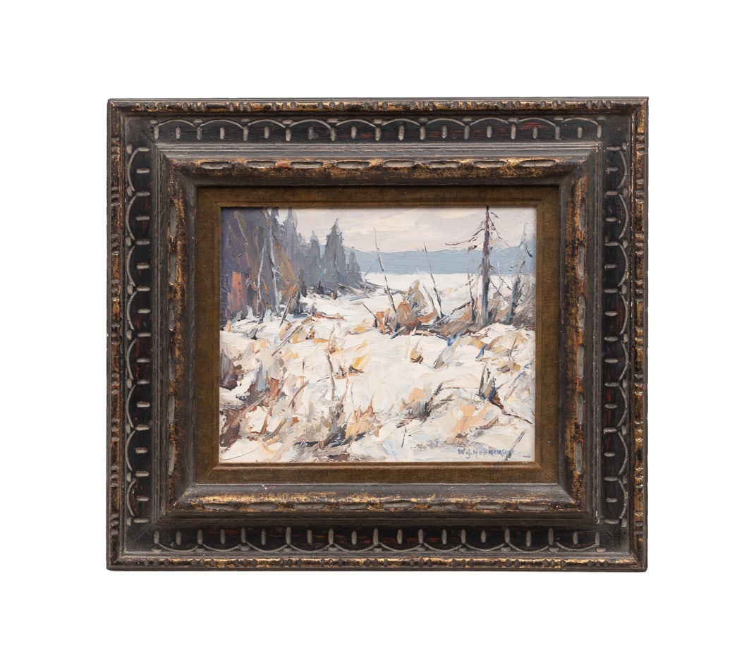 W. J. Hopkinson, "Winter, Loon Lake, Haliburton": William John Hopkinson Canadian, 1887-1970 "Winter, Loon Lake, Haliburton" - 1965 Oil on board Signed "W. J. Hopkinson" to LR, titled and dated to verso, labels for the Vincent Price Collection at Sea