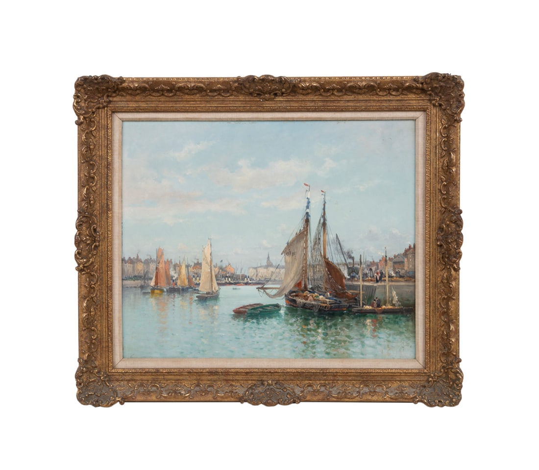 American or British school, late 19th-early 20th: Dock Scene with Sailboats Oil on panel American or British school, late 19th-early 20th century. Signed "James..." to LL, label to verso hand-inscribed "Florence Chapman / a gift from / her mother C S