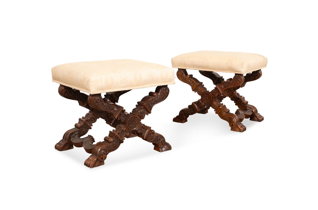 Pair of Maitland-Smith Upholstered Window Seats: Pair of Maitland-Smith Cream Upholstered X-Window Seats Maitland-Smith (American, founded 1979). Pair of Baroque style x-form window benches or seats, having a tone-on-tone cream fabric, maker's mark 