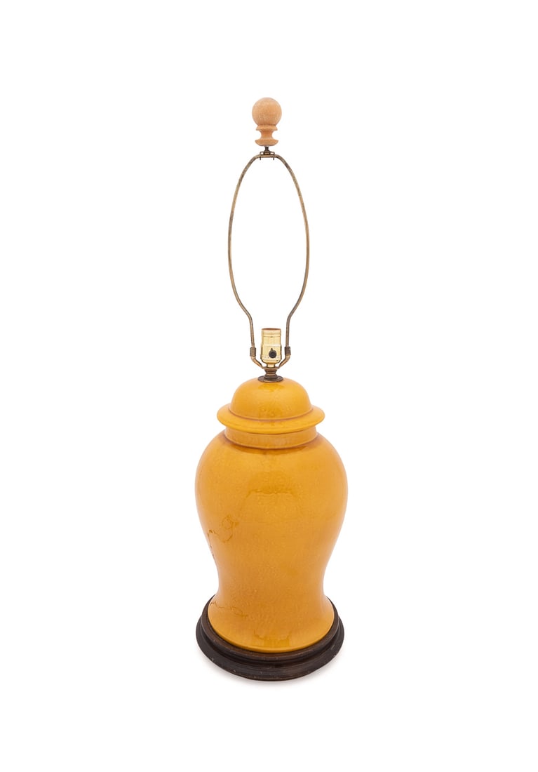 Yellow Glazed Temple Jar Form Ceramic Lamp: Yellow Glazed Temple Jar Form Ceramic Lamp With Shade Chinese style, contemporary. Having a painted brown base and accordion lamp shade, apparently unmarked. To finial: 32 1/2 in. (82.6 cm.), Shade di