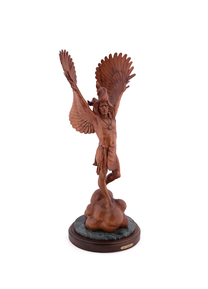Robert Lee "Bob" Robertson, The Ethereal - 1997: Robert Lee “Bob” Robertson American, 1939-2025 The Ethereal - 1997 Hardwood American Western wooden sculpture, titled, signed, and dated to wooden base of figure. On attached marble and wooden
