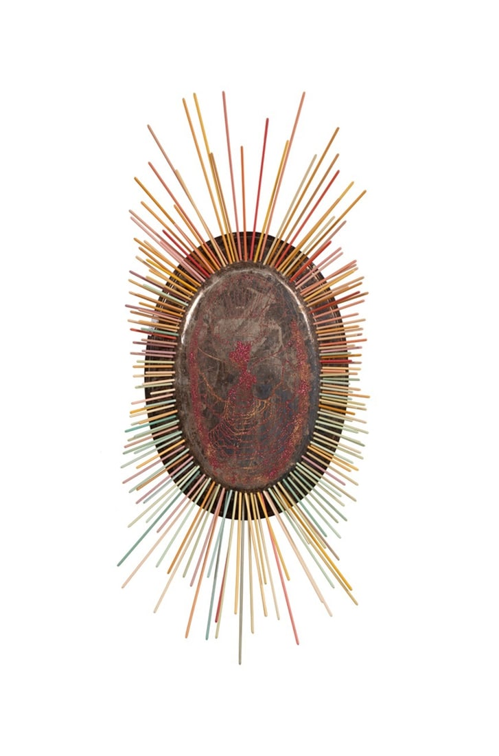 Darren Goins, "Lash Lead to Eye", 2009, MM: Darren Goins American, born 1984 "Lash Lead to Eye" - 2009 Mixed media (metal, painted wood, glitter) Signed and dated to verso. 44 3/4 x 19 x 6 1/4 in. (113.7 x 48.3 x 15.9 cm.) Provenance: Private
