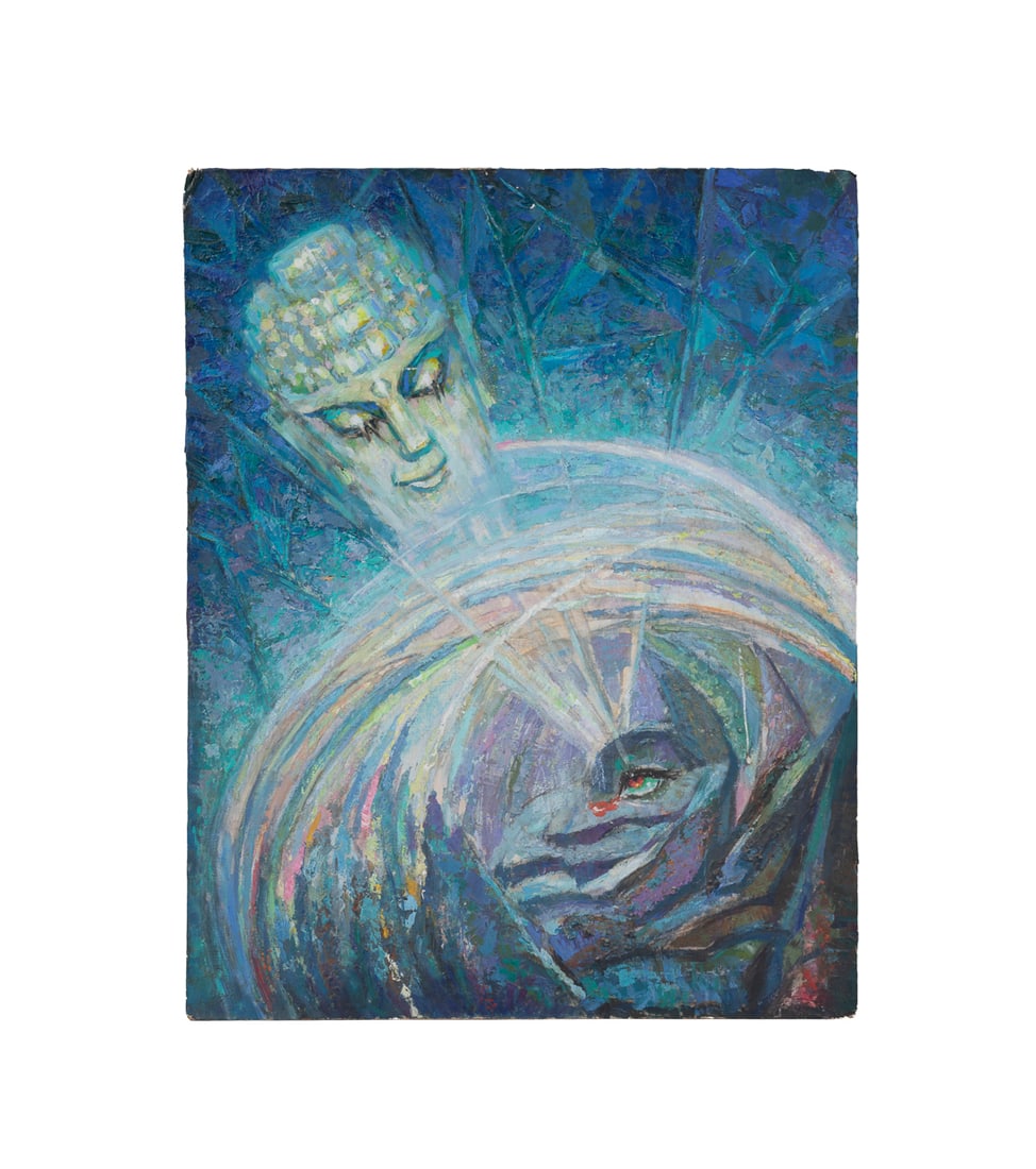 Leonid Skvirsky, "The Eye of God", 20th C., O/B: Leonid Skvirsky Russian-American, 1902-1969 "The Eye of God" - mid 20th century Oil on canvas board Apparently unsigned to recto. Unframed. Board: 29 7/8 x 23 7/8 in. (75.9 x 60.6 cm.) Provenance: Pr