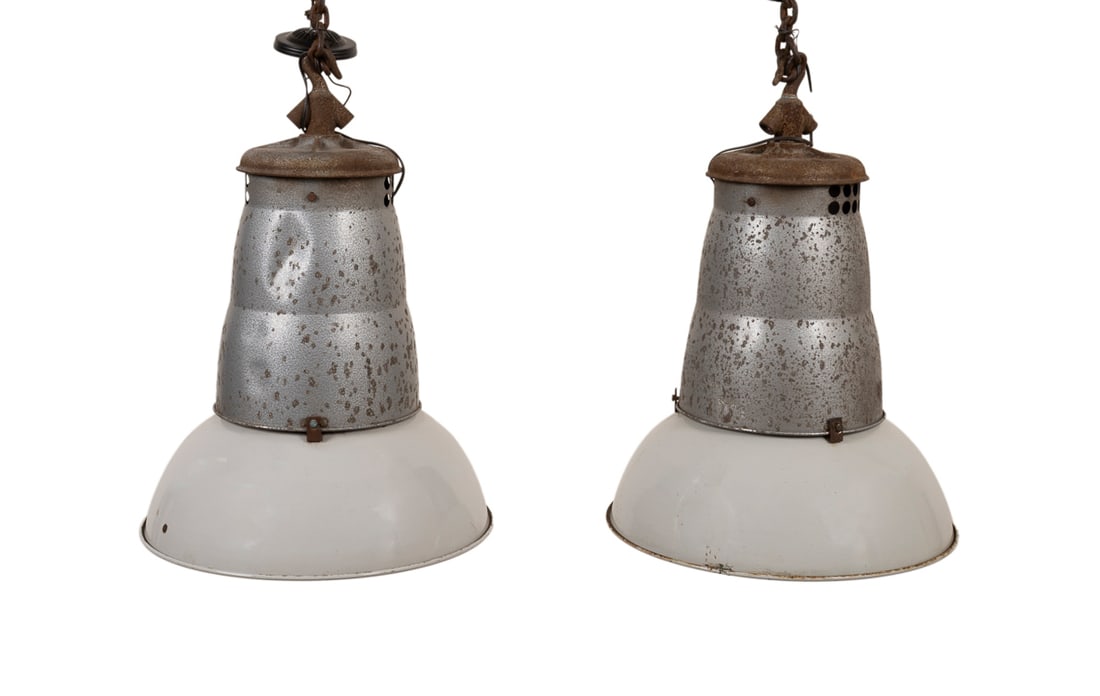 Pair of Mid-C. French Industrial Pendant Lights: Pair of French Industrial Pendant Lights Compagnie des Lampes/ Mazda (French, founded 1921) or Philips (Dutch, founded 1891), mid-20th century. Each having mixed metal construction, and a single light