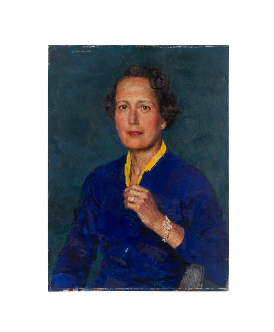Joseph Hirsch, Portrait of Woman in Blue, Oil: Joseph Hirsch American, 1910-1981 Untitled (Portrait of Woman in Blue & Yellow) - 20th century Oil on canvas Signed to UL. Framed. 24 1/8 x 18 x 1 in. (61.3 x 45.7 x 2.5 cm.) Provenance: Private Coll