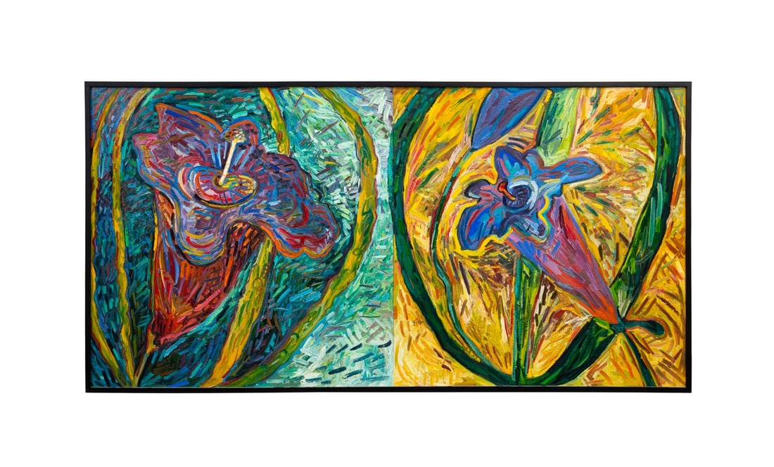Deanna Sirlin, "Nature Posing", 1991-92, O/P: Deanna Sirlin American, born 1958 "Nature Posing" - 1991-92 Oil on panel Signed "Deanna Sirlin", dated, and titled to verso. Framed. Panels (together): 48 3/8 x 95 1/2 in. (122.9 x 242.6 cm.), Frame: 