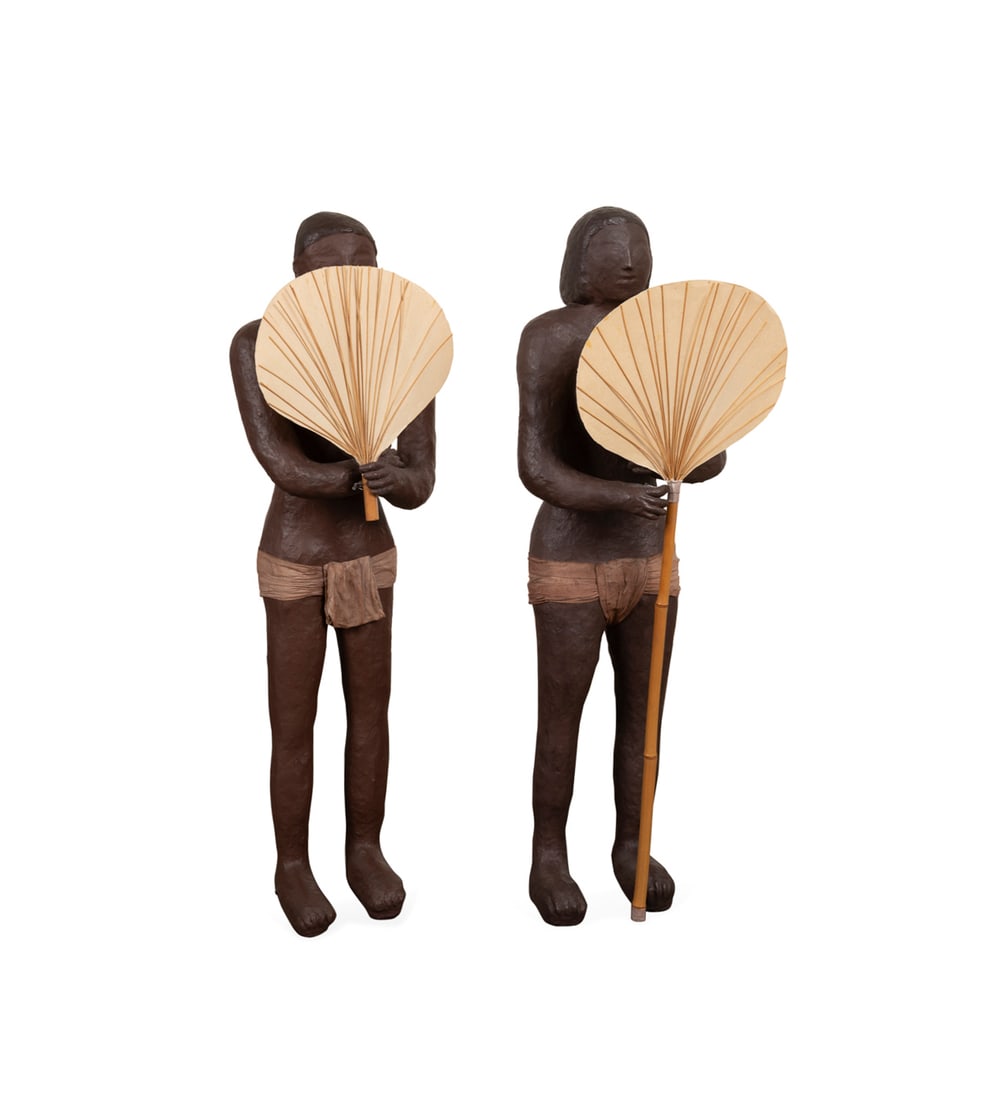 Renate Gobel, Pr. of "Egyptian" Floor Lamps, 1978: Renate Gobel, Pair of "Egyptian" Papier Mache Floor Lamps Renate Gobel (German, born 1934), 1978. Comprising a male and a female papier mache floor lamp, each having a palmette-form shade. Signed and