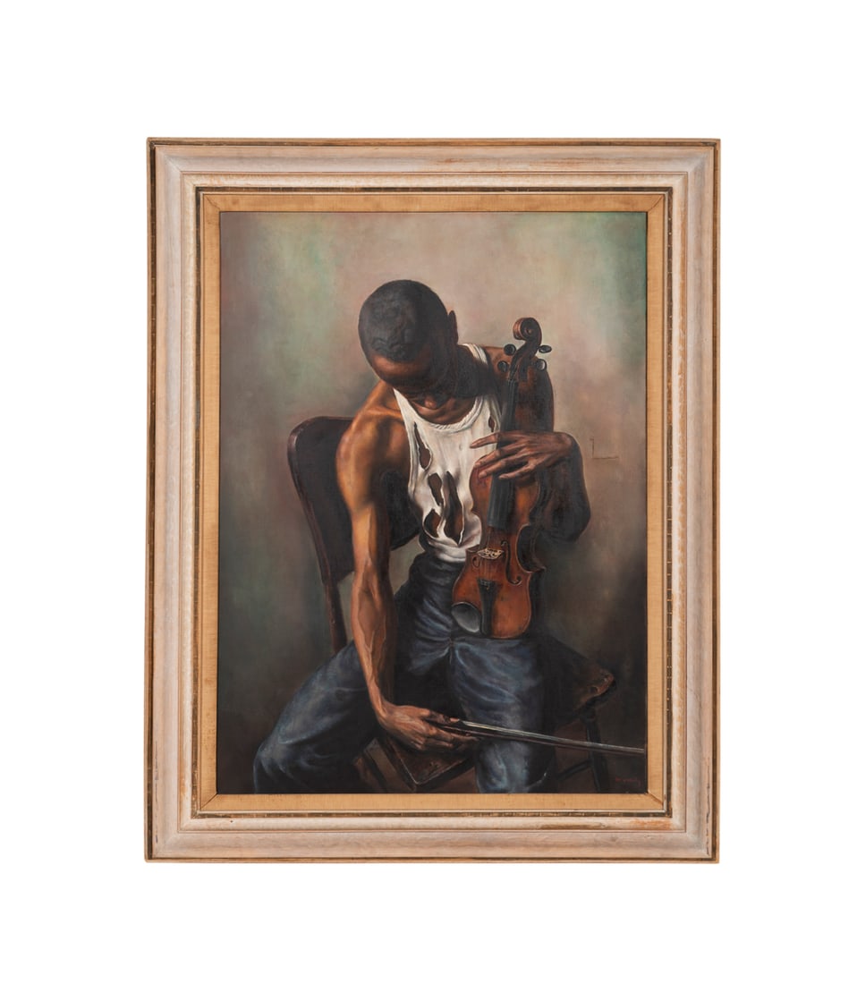 De Erdely, Seated Violinist, 20th C., O/C: Francis De Erdely Hungarian/American, 1904-1959 Untitled (Seated Violinist) - first half 20th century Oil on canvas Signed in red to LR, inscribed "Francis de Erdely / 217 Farnsworth / Detroit,