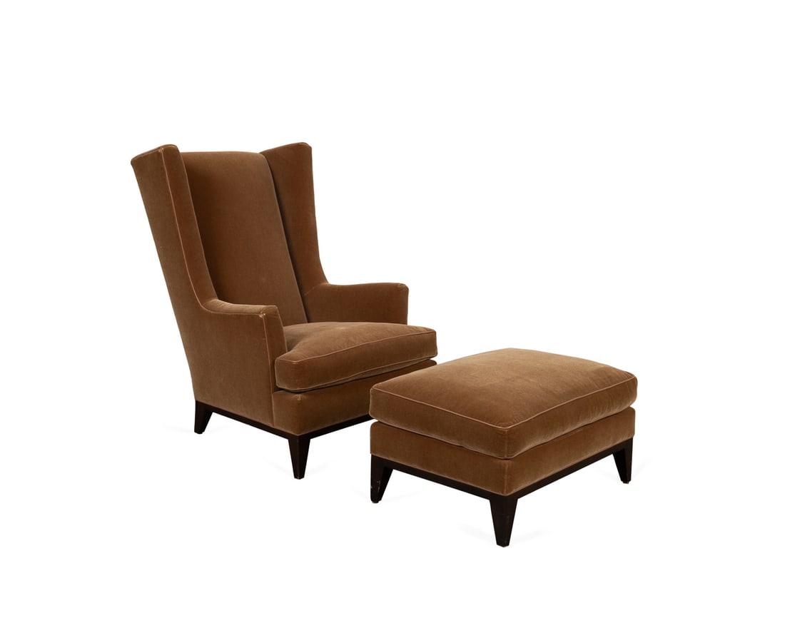 Donghia "Heron" Mohair Uphol. Chair & Ottoman: Donghia "Heron" Mohair Upholstered Chair & Ottoman Donghia (American, founded 1968), contemporary. Modern wingback-form tan upholstered armchair and ottoman. Both appropriately marked. Seat h. 18.5". 