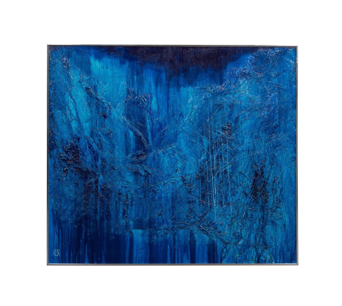Richard Klix, "First Hour in Blue" C. 1960, A/B: Richard Klix American, born 1928 First Hour in Blue - Circa 1960 Acrylic and mixed media on Masonite Signed "KLIX" to LL, two partial juried art show labels to verso -- one for "Russell H. Klix /