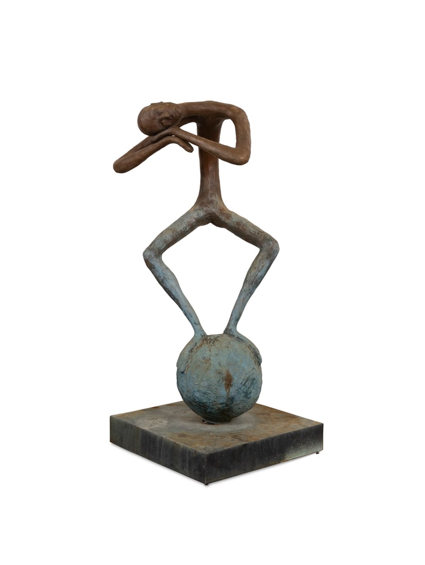 Mike Sluder, "The Weight of Rest", Bronze, 2022: Mike Sluder American (Atlanta, GA),, born 1984 "The Weight of Rest" - 2022 Bronze, Copper Large Modern figural sculpture depicting a man in repose. Signed "M. Sluder" and "22" to the underside of the 