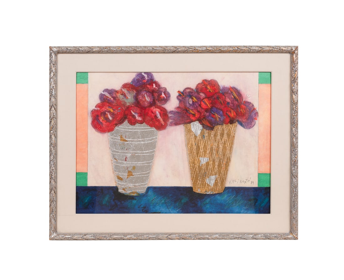 Norman Laliberte, Poppies in Pots, 1989, Mixed Media: Norman Laliberte American, 1925-2021 Untitled (Poppies in Pots) - 1989 Mixed media and gold foil on paper Signed "Laliberte" and dated to LR. Framed. Sight: 29 x 39 in. (73.7 x 99.1 cm.), Frame: 40 x 