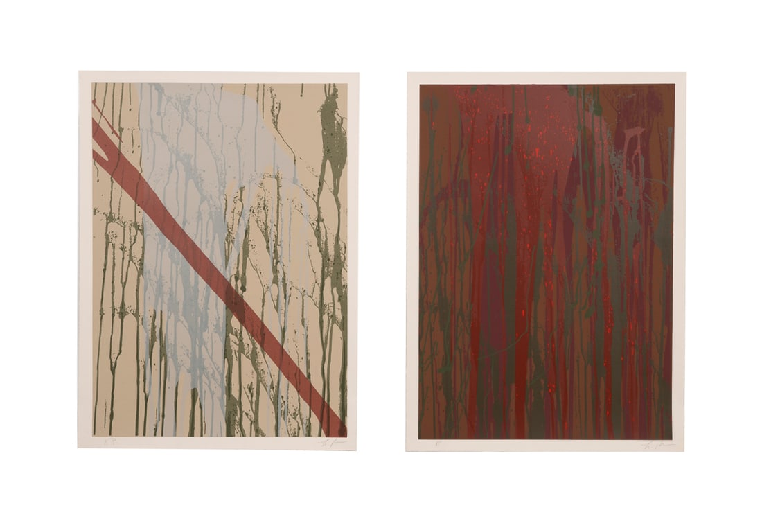 Larry Poons, Two Untitled Screenprints, 1980: Larry Poons American, born 1937 Two Untitled Works - 1980 Screenprints in colors Both signed under image LR, both editioned "A.P." to LL, red work printed by Lester Dembitzer, with blind stamp to LR,