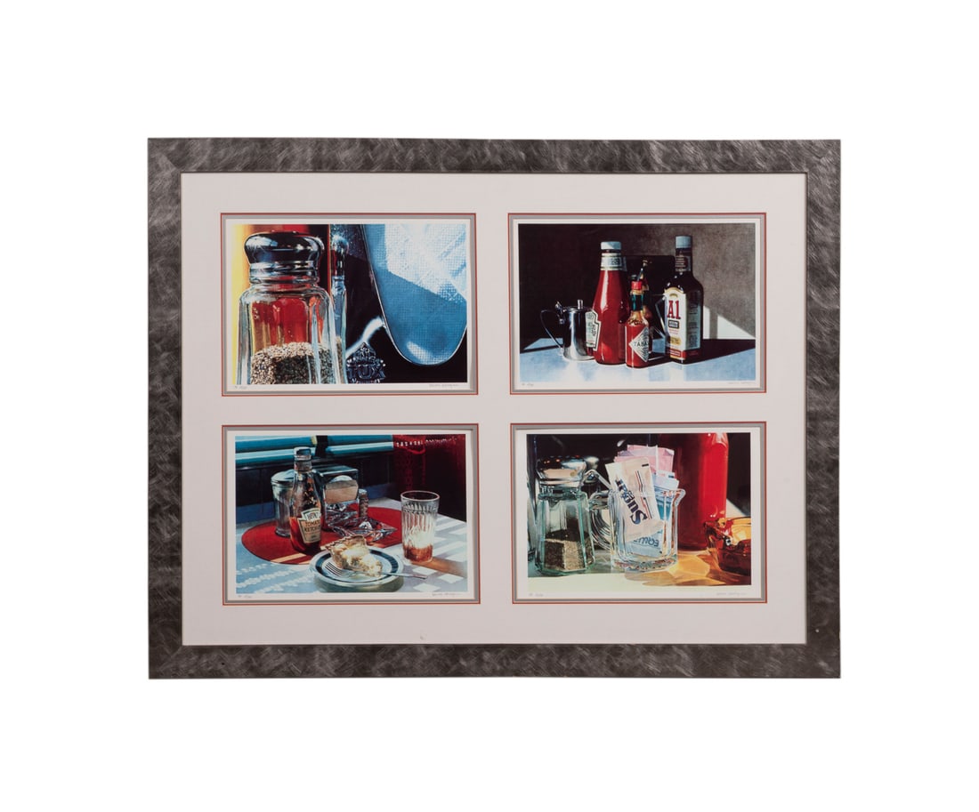 Ralph Goings, Four Lim. Ed. Offset Lithographs: Ralph Goings American, 1928-2016 "Tux", "Sauces", "Pie with Iced Tea", and "Sugar" - 20th century Offset lithographs Set of four in a single frame, each signed under image LR and numbered AP 23/55