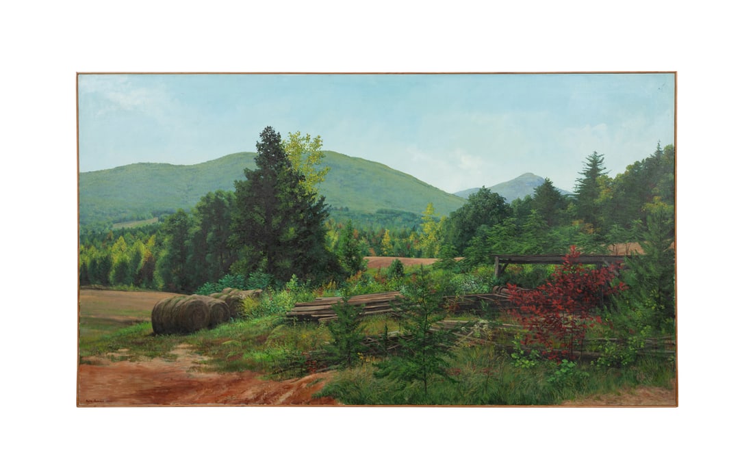 Ben Berns, "Spots Fields", 1982, Large O/C: Ben Berns Dutch/American, 1936-2007 "Spots Fields" - 1982 Oil on canvas Signed and dated to LL, signed, titled, and dated to verso. Framed. Canvas: 50 1/8 x 90 1/8 in. (127.3 x 228.9 cm.), Frame: 50 1