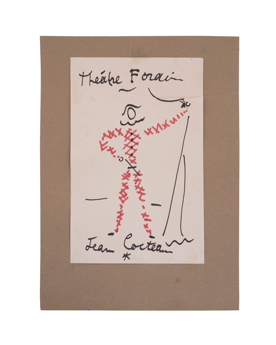 Jean Cocteau, "Theatre Forain", 20th C., Marker: Jean Cocteau French, 1889-1963 "Theatre Forain" - 20th century Marker on paper Drawing of a stylized harlequin figure, signed "Jean Cocteau" to lower center. Unframed. Sheet: 8 1/4 x 5 3/8 in. (21 x