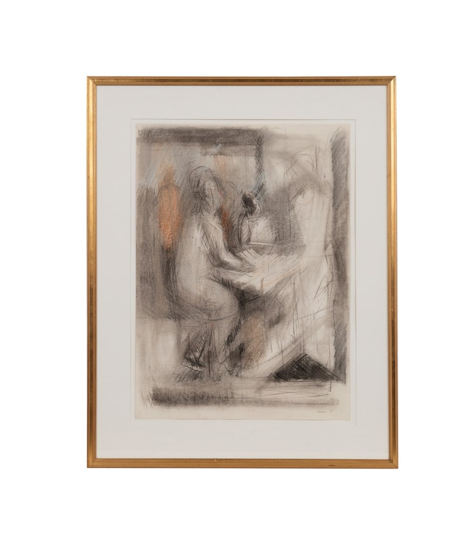 Isabelle Melchior, "Around the Table", 1989, WOP: Isabelle Melchior French, born 1950 "Around the Table" - 1989 Charcoal and pastel on paper Signed and dated to LR, label for Timothy Tew Galleries, Atlanta, GA to verso. Framed. Sheet: 29 1/2 x 21 1/4