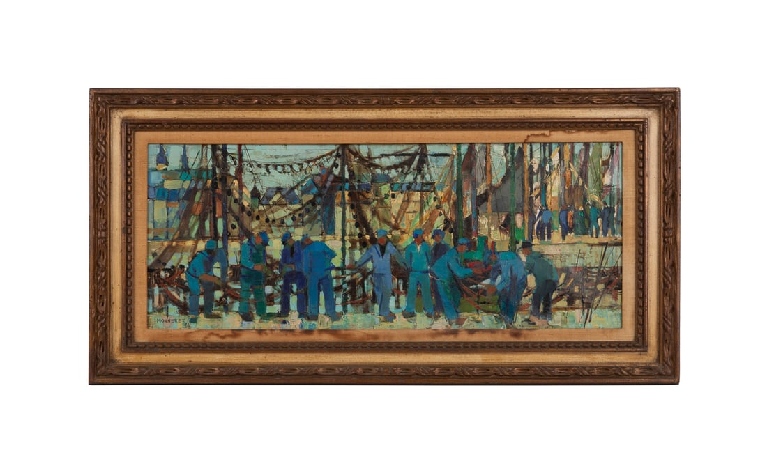 Jean Monneret, "Pecheurs a Honfleur", 1964, O/C: Jean Monneret French, 1922-2025 "Pecheurs a Honfleur" - 1964 Oil on canvas Signed and dated to LL, signed and titled to stretcher. Framed. Canvas: 13 x 32 in. (33 x 81.3 cm.), Frame: 19 5/8 x 38 5/8 x