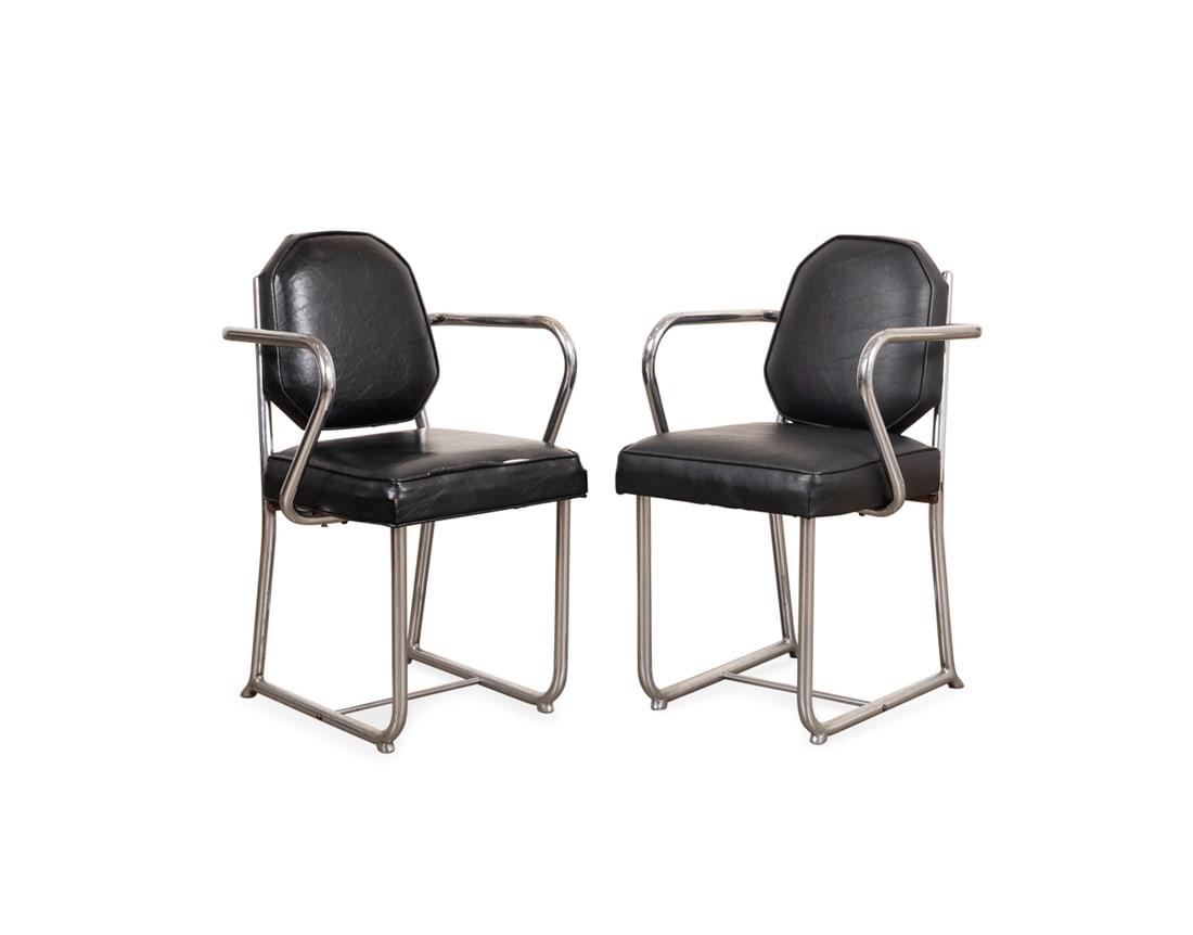 Pr. Art Deco Black & Steel Arm Chairs, 1930s (1 of 6)