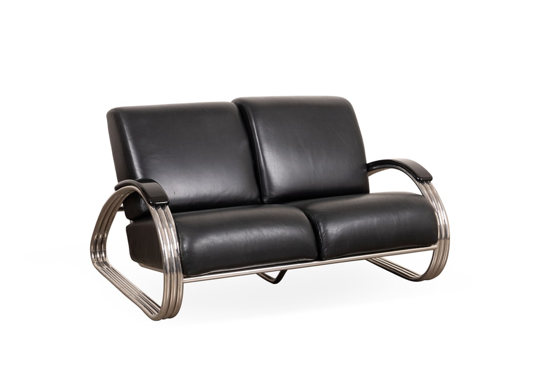 Kem Weber (style) Chrome & Leather Loveseat (1 of 7)