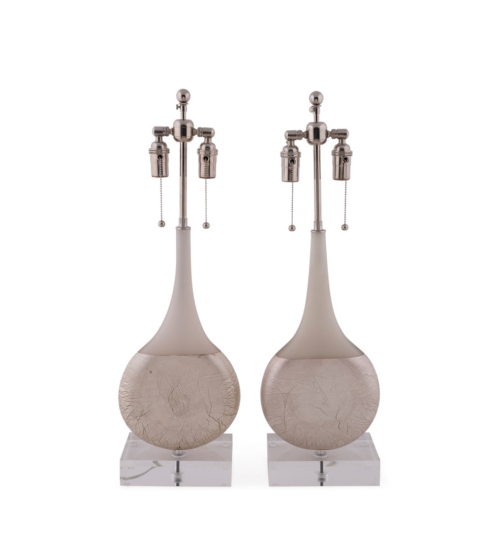 Pair of Murano Style Silverleaf Bottle-Form Lamps: Pair of Murano Style Silverleaf Bottle-Form Lamps Each having 2 lights, and a frosted glass and antiqued silverleaf bottle-form body, on colorless acrylic base, with shade. Apparently unmarked. Overal