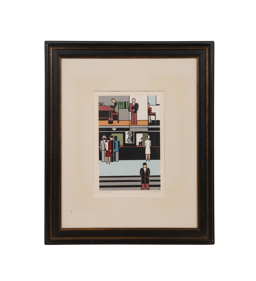 Gerd Arntz, "Bank", 1927/84, Serigraph: Gerd Arntz German, 1900-1988 "Bank" - 1927/84 Serigraph in colors Titled, numbered 97/150, signed, and dated under image, label for Galerie Gmurzynska, Zurich, Switzerland, to verso. Framed. Image: 11