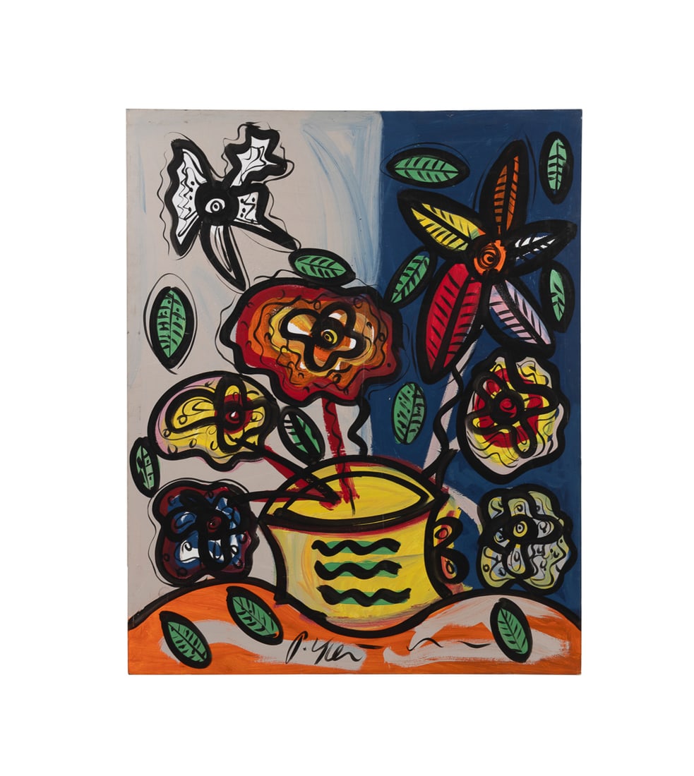 Peter Keil, "Flowers from Paris", 1987, A/C: Peter Robert Keil German, born 1942 "Flowers from Paris" - 1987 Acrylic on canvas Large floral still life, signed "P Keil" to lower center, titled and dated to verso. Unframed. Canvas: 59 7/8 x 48 x 1