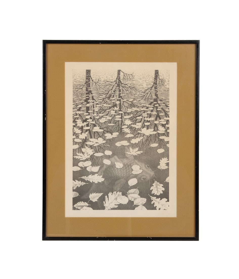 M.C. Escher, "Three Worlds", Offset Litho: Maurits Cornelis Escher Dutch, 1898-1972 "Three Worlds" - original 1955 Offset Lithograph Signed and dated in plate, otherwise apparently unsigned. Framed. Image: 19 3/8 x 13 1/4 in. (49.2 x 33.7 cm.)