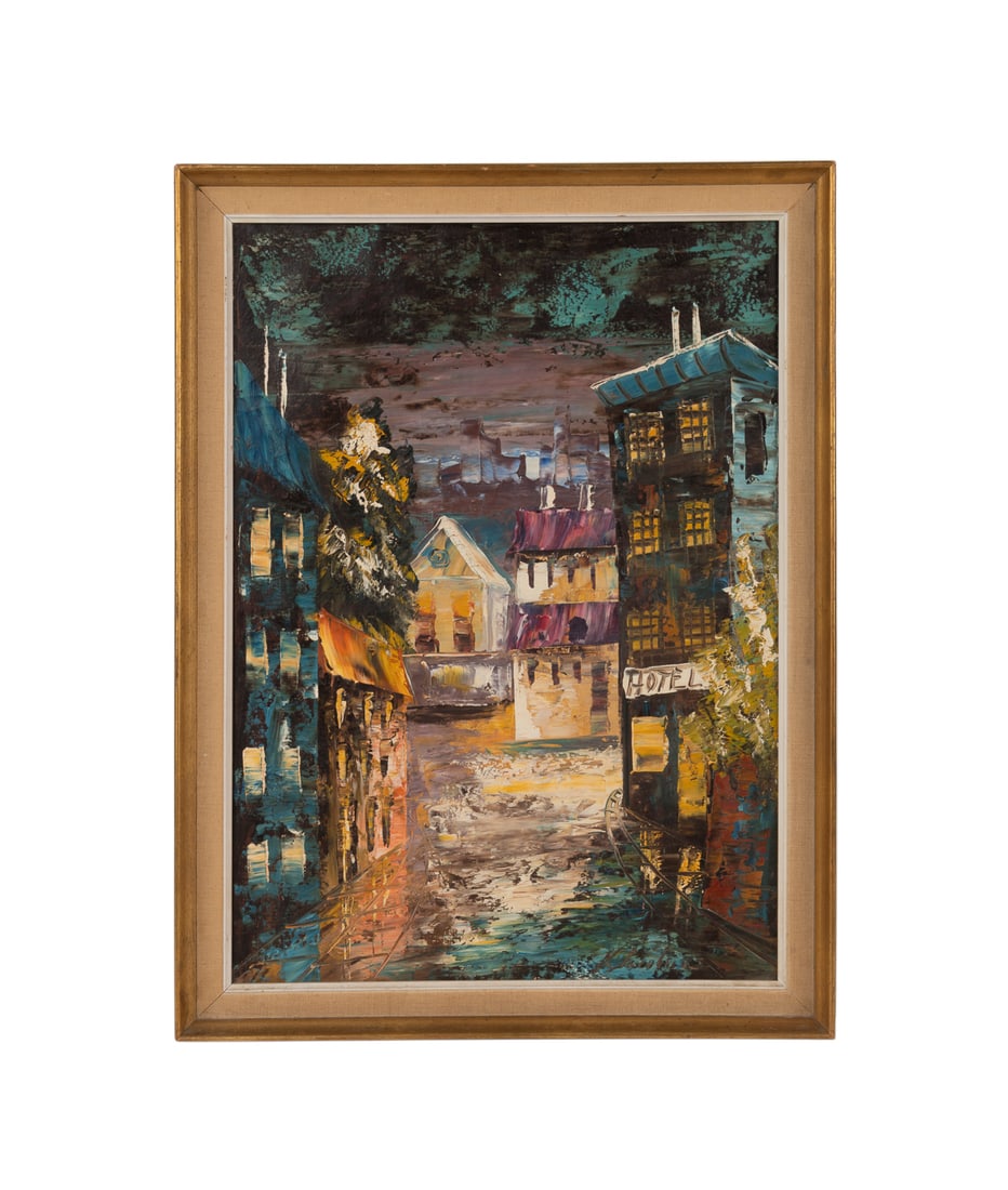 K. Jacobsen, City Scene at Night, 20th C., O/C: K. Jacobsen Possibly Danish, 20th century City Scene at Night - 20th century Oil on canvas Signed "K. Jacobsen" to LR. Framed. Canvas: 26 3/8 x 18 7/8 in. (67 x 47.9 cm.), Frame: 29 5/8 x 22 1/4 x 1