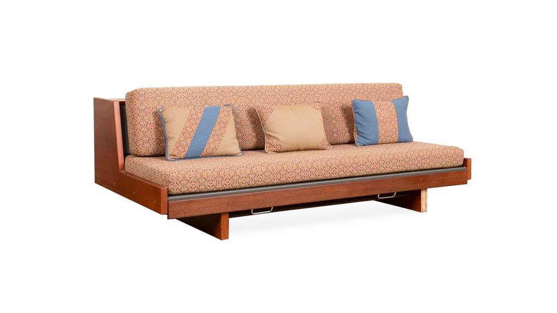 Wegner for Getama "GE77" Extending Daybed, 1960s: Hans Wegner for Getama "GE77" Extending Daybed Hans Wegner (Danish, 1914-2007) for Getama (Danish, founded 1899), 1960s. "GE77" daybed or sofa bed, having a teak frame, upholstered cushions, quilted m