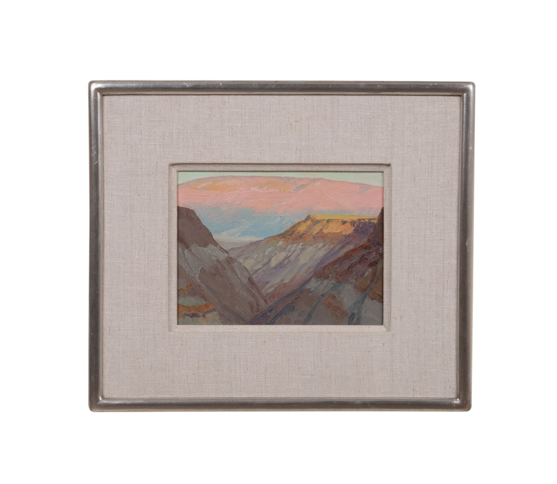 Len Chmiel, "Dusk, Panamint Range", 1984, O/B: Len Chmiel American, born 1942 "Dusk, Panamint Range" - 1984 Oil on canvas board Signed "L Chmiel" to LL, artist label and label for Stremmel Galleries, Ltd., Reno, NV, to verso. Framed. Board: 9 x 12