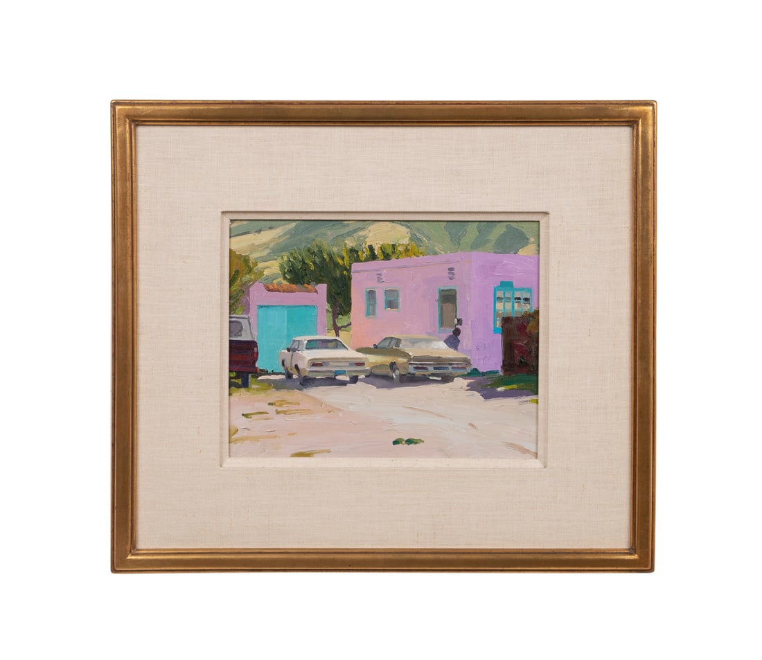 Len Chmiel, "A Sale on Pink", 1984, O/P: Len Chmiel American, born 1942 "A Sale on Pink" - 1984 Oil on panel Signed "L Chmiel" to lower center, artist label and label for Stremmel Galleries, Ltd., Reno, NV, to verso. Framed. Panel: 11 x 14 i