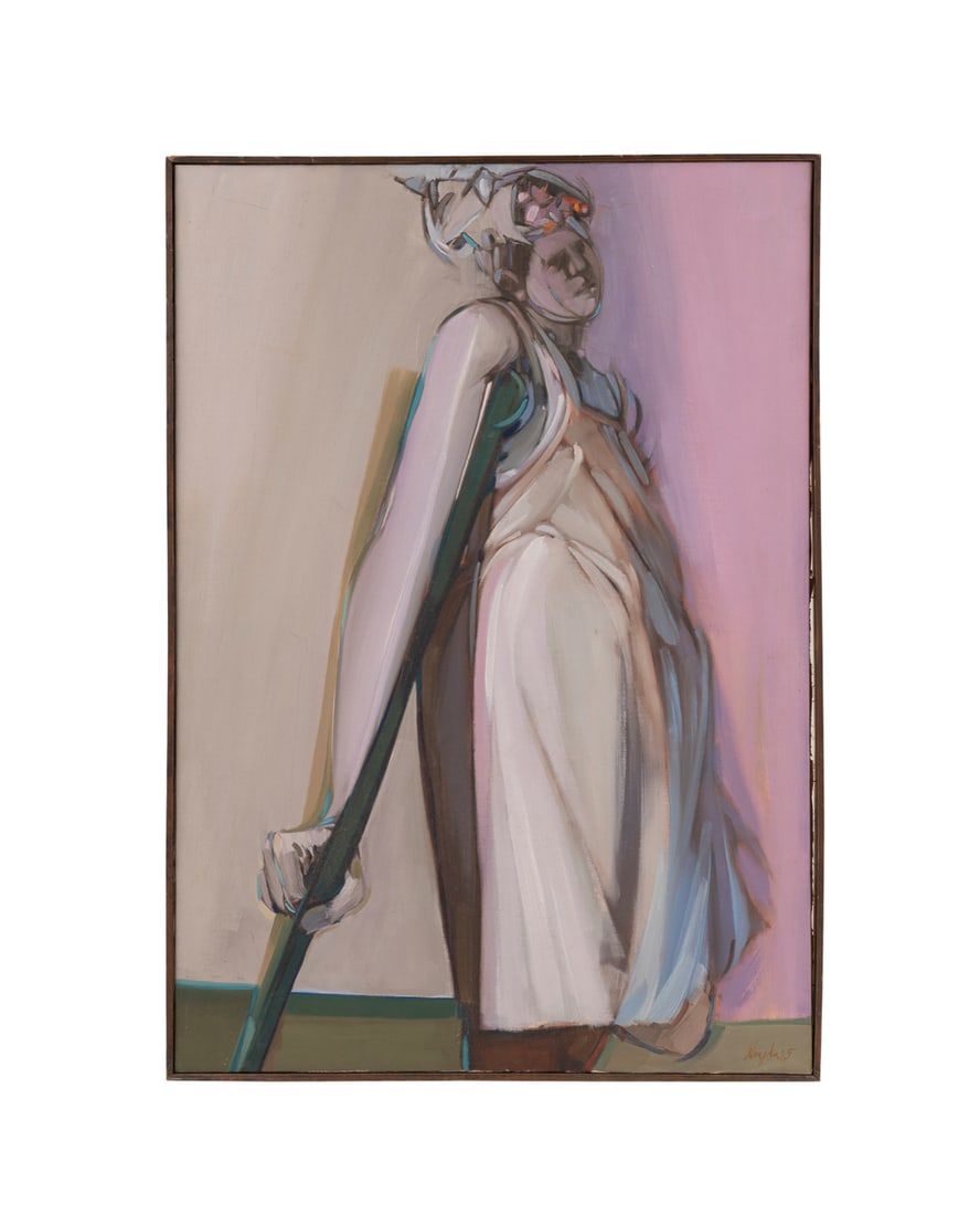 Joe Almyda, Woman with Crutch, 1965, O/C: Joseph Almyda American, 1926-2011 Untitled (Woman with Crutch) - 1965 Oil on canvas Signed and dated to LR. Framed. Canvas: 39 1/4 x 27 1/2 in. (99.7 x 69.9 cm.), Frame: 40 x 28 1/4 x 1 5/8 in. (101.6