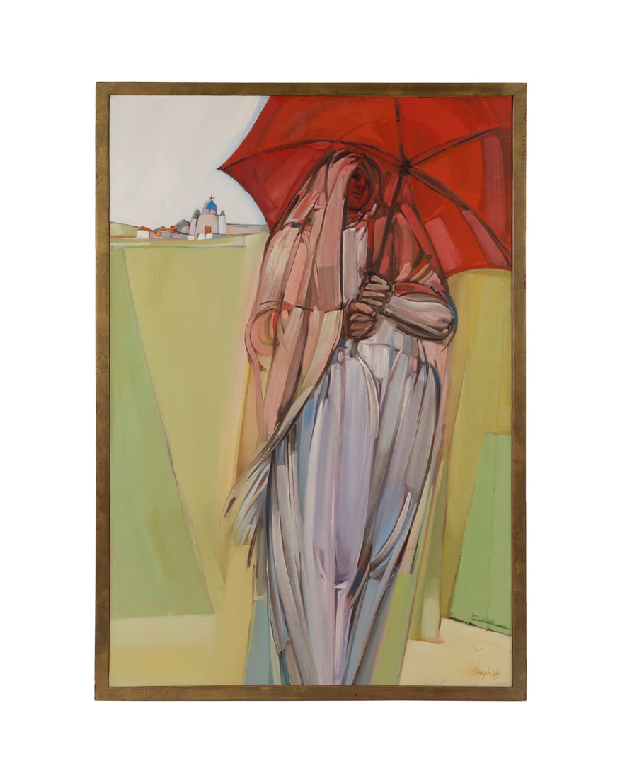 Joe Almyda, Woman with Red Umbrella, 1965, O/C: Joseph Almyda American, 1926-2011 Untitled (Woman with Red Umbrella) - 1965 Oil on canvas Signed and dated to LR. Framed. Canvas: 47 1/8 x 31 3/8 in. (119.7 x 79.7 cm.), Frame: 49 1/4 x 33 1/2 x 1 3/4