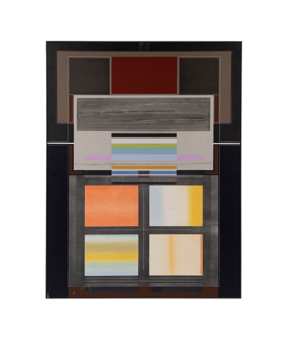 Joe Almyda, "Facade: Test Pattern", Acrylic: Joseph Almyda American, 1926-2011 "Facade: Test Pattern", 1970s Acrylic on board Ink signed and titled to verso. Framed. Board: 47 7/8 x 35 7/8 in. (121.6 x 91.1 cm.), Frame: 48 3/8 x 36 3/8 x 2 in. (