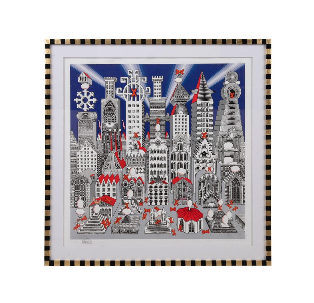 P. Friedeberg, "Ciudad...", Serigraph: Pedro Friedeberg Italian/Mexican, 1936-2026 "Ciudad de un Millon con 25 Huevos Duros" Color serigraph on paper Signed in pencil to LR, numbered XVIII/L (18/50) to LL, with artist's stamp. Framed. Sigh