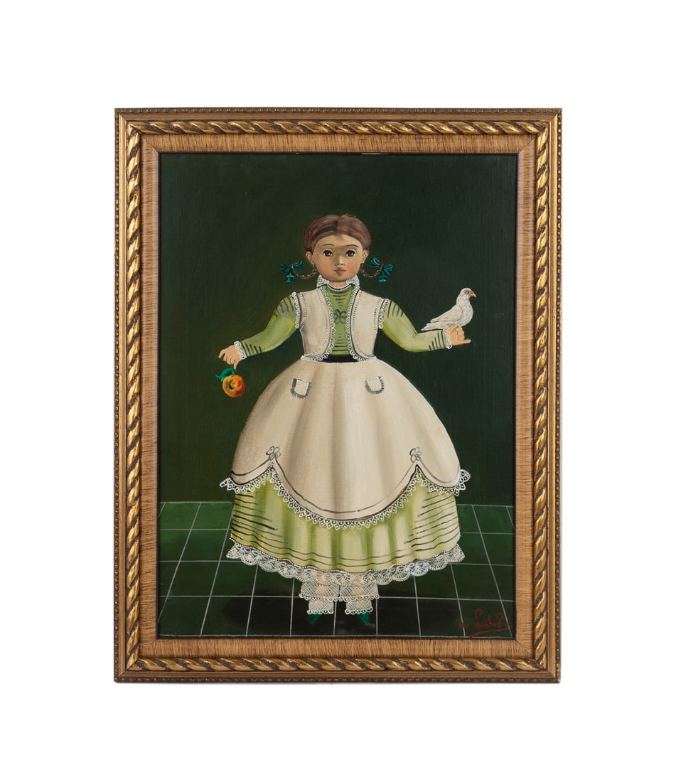 Agapito Labios, Girl in Green Dress, 20th C., O/C: Agapito Labios Mexican, 1898-1996 Untitled (Girl in Green Dress) - 20th century Oil on canvas Signed "A. Labios" to LR. Framed. Canvas: 22 1/8 x 16 3/4 in. (56.2 x 42.5 cm.), Frame: 26 x 20 3/8 x 1 3/