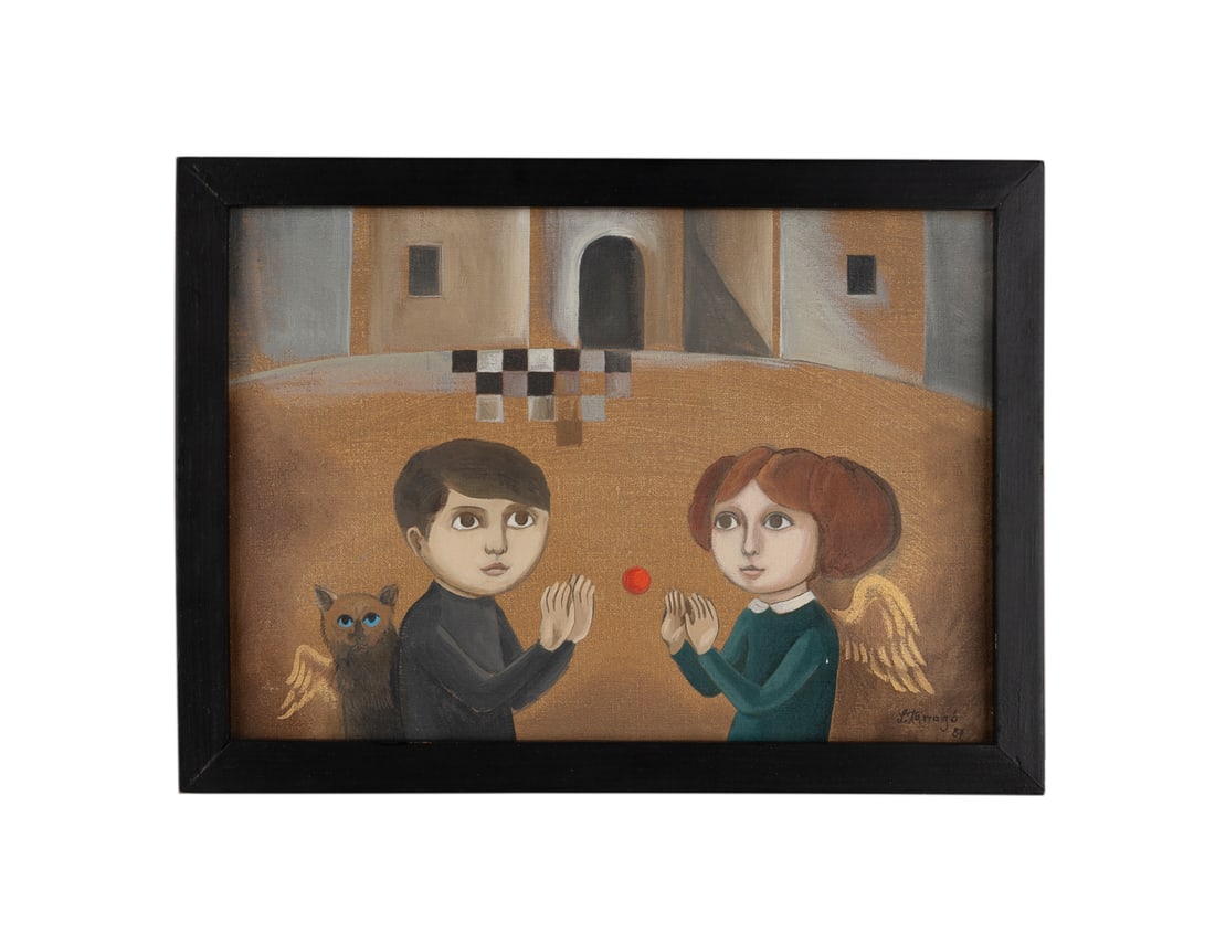 Leticia Tarrago, "Toma Y Daca" 1987, Oil: Leticia Tarrago Mexican, Born 1940 "Toma Y Daca" - 1987 Oil on Canvas Signed and dated to LR, titled to verso. Framed. Canvas: 9 7/8 x 13 7/8 in. (25.1 x 35.2 cm.), Frame: 11 x 15 x 1 1/2 in. (27.9 x 