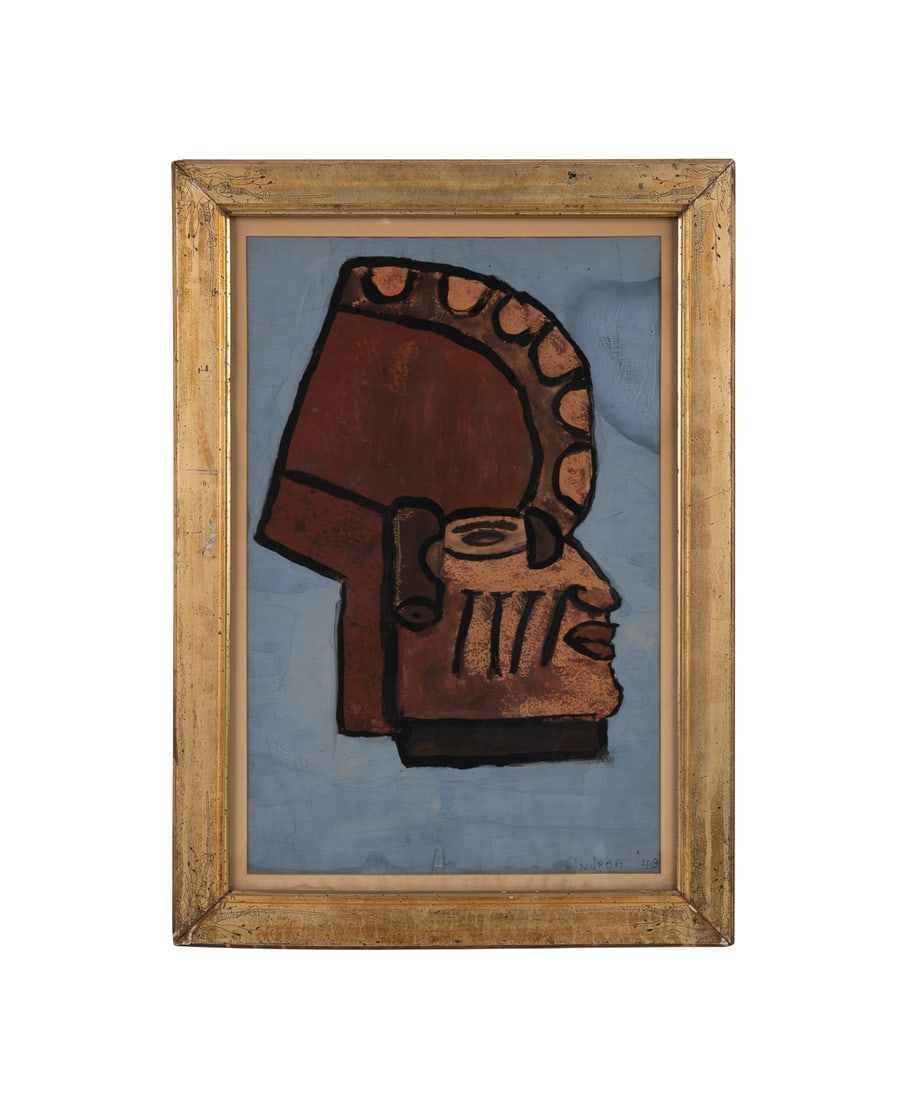 Mesoamerican Profile Bust, 1949, A/P, Signed: Mesoamerican Style Profile Bust - 1949 Acrylic on paper Signed "Andrea" and dated to LR. Framed. Sight: 22 3/8 x 14 1/2 in. (56.8 x 36.8 cm.), Frame: 27 3/4 x 19 5/8 x 1 in. (70.5 x 49.8 x 2.5 cm.)