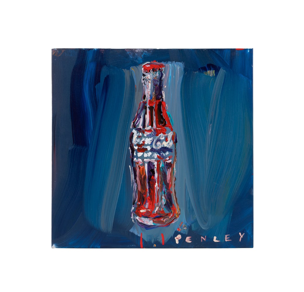 Steve Penley, Coca-Cola Bottle, 21st C., O/C: Steve Penley American, born 1964 Untitled (Coca-Cola Bottle on Blue Field) - 21st century Oil on canvas Signed "Penley" to LR. Unframed. Canvas: 18 x 18 x 1 3/8 in. (45.7 x 45.7 x 3.5 cm.)
