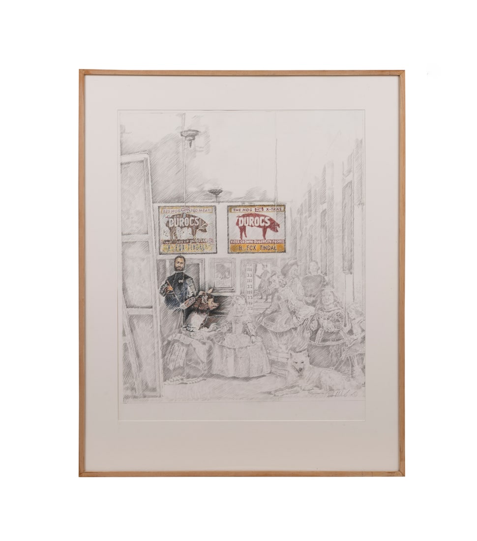 Tarleton Blackwell, "The Hog Series #2", 1984: Tarleton Blackwell American, born 1956 "The Hog Series #2" - 1984 Graphite and colored pencil Based on Diego Velazquez's iconic 1658 painting "Las Meninas" but embellished with Blackwell's signature