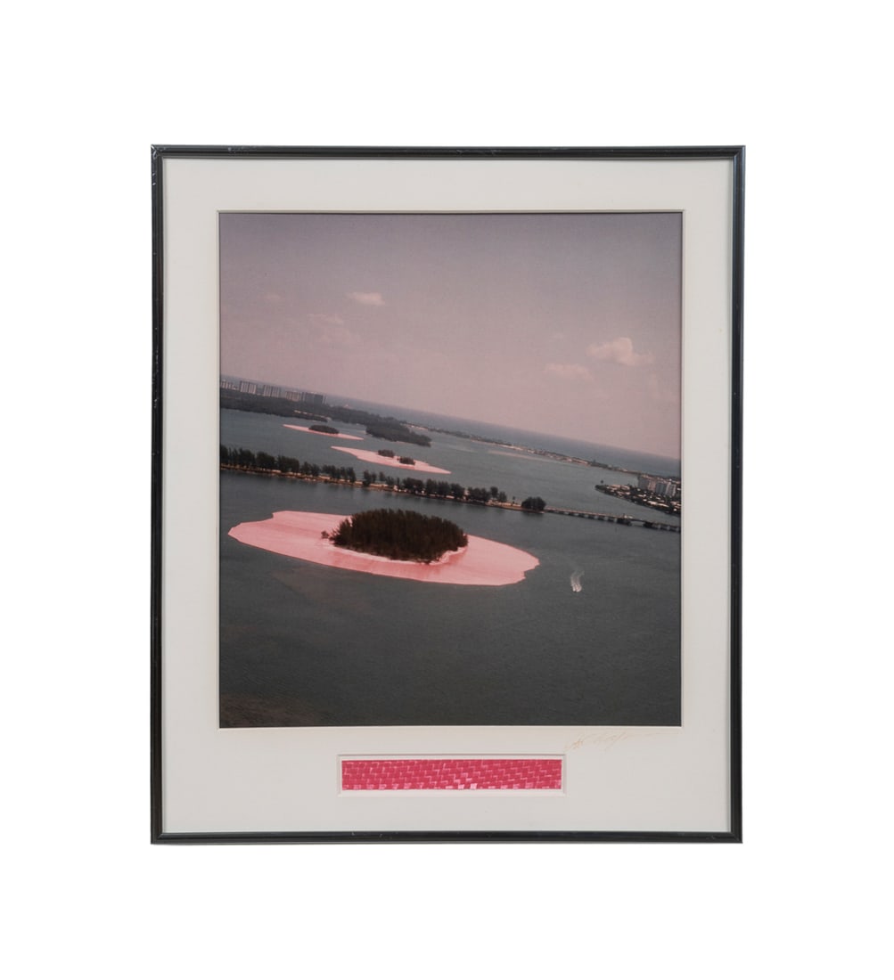 J. Chapman, "Surrounded Islands", 1980-83, Photo: Jim Chapman American, 20th-21st century Christo and Jeanne-Claude "Surrounded Islands" - 1980-83 Photographic print and fabric swatch Photograph of the iconic environmental artwork "Surrounded
